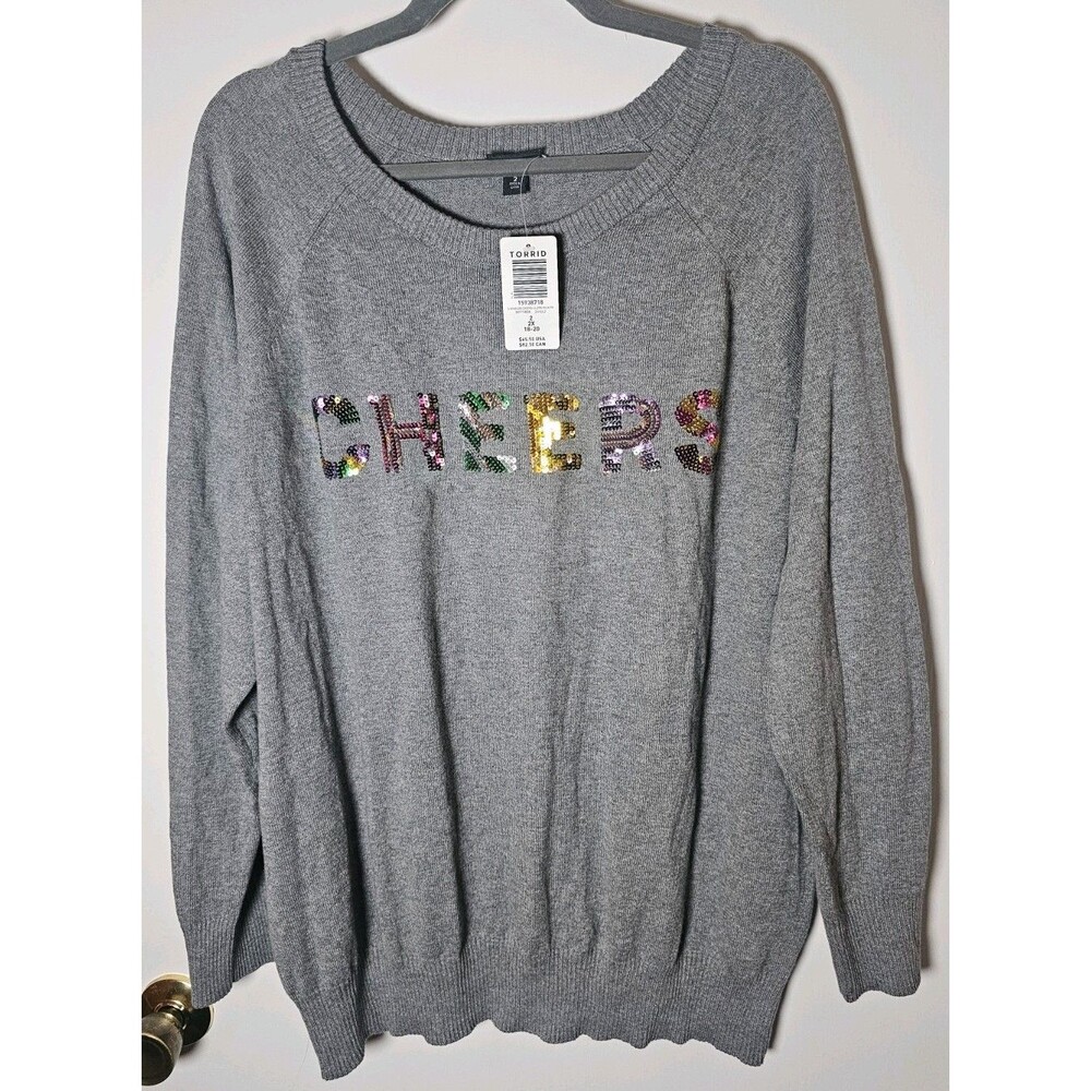 NWT Torrid Gray Cheers Sequin Raglan Sleeve Pullover Sweater Womens Size 2 2XL